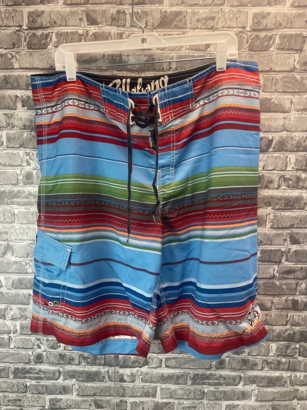 Billabong Men’s Blue, Red & Green Striped Board Shorts
